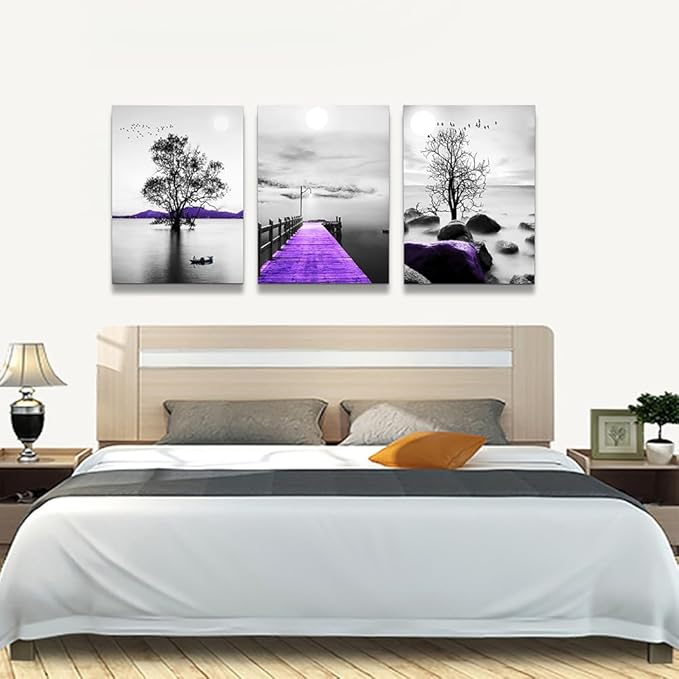Lapremoly Purple Scenery Wall Pictures Canvas Wall Art For Bedroom Decorations For Living Room Modern Office Wall Decor Black And White Painting Artwork Room Home Decor 3 Piece Prints Art