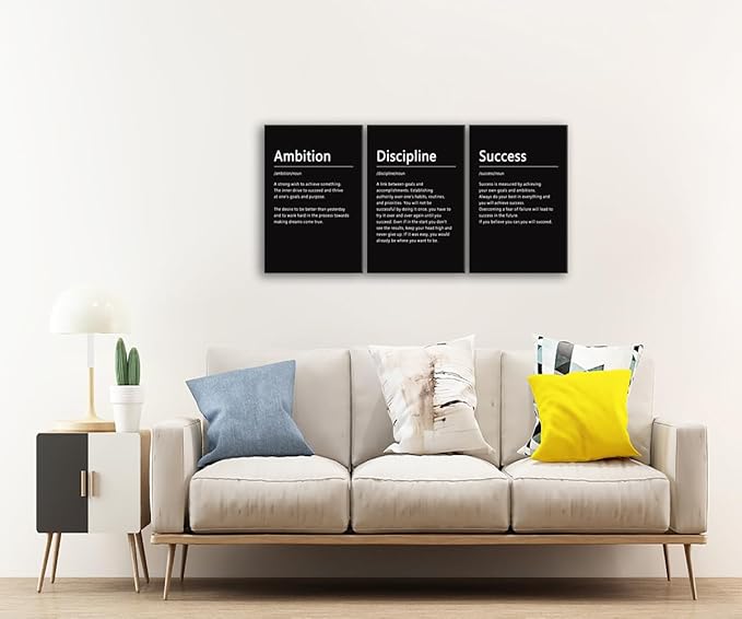 3 Pieces Office Decor Canvas Wall Art Inspirational Ambition Discipline Noun Picture Painting Motivational Positive Quotes Success Poster Modern Home Decor Bedroom Framed Ready to Hang[48" W X 24" H]