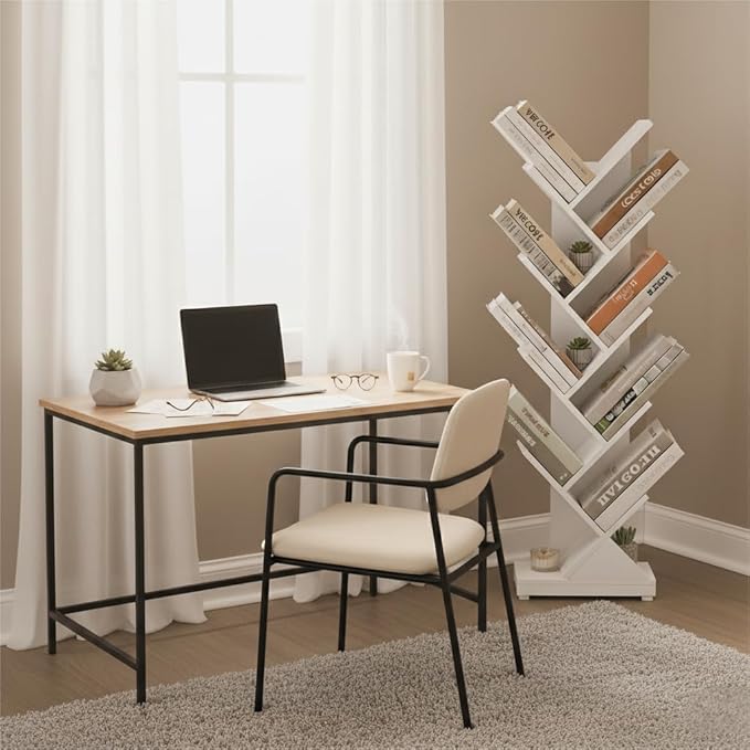 ruboka Tree Bookshelf,Retro Floor Standing Bookcase Display for CDs/Magazine/Books,Small Bookshelf for Bedroom,Living Room,Office,Balcony,Brown Storage Shelves (White, 9 Tier)