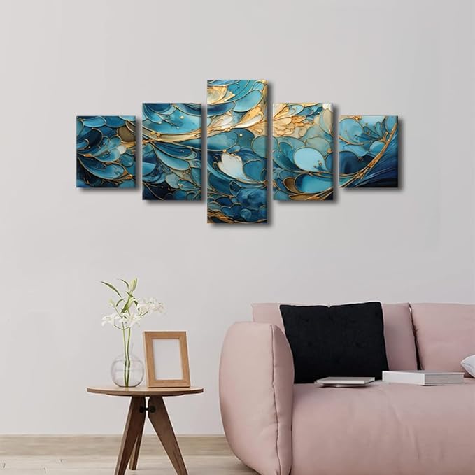 Canvas Wall Art for Men Modern Living Room Decor Blue and Gold Abstract Marble Pattern Painting Artwork 5 Panel Home Wall Art for Bedroom Decoration Stretched and Framed Ready to Hang 50x24 in
