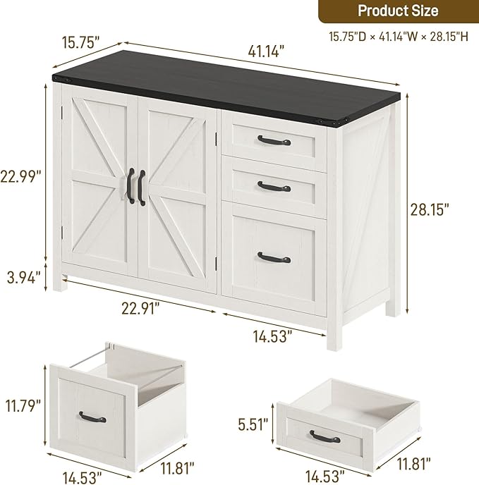 3 Drawer File Cabinet, Farmhouse Lateral Filing Cabinet with Doors for Letter/A4 Size Hanging Files, Large Wood Storage Cabinets Printer Stand with Adjustable Shelf for Home Office, White and Black