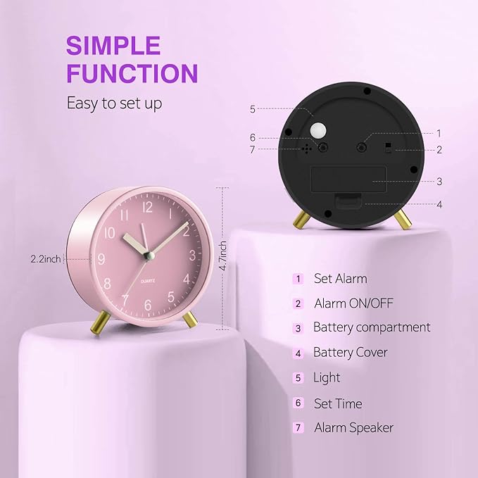 Analog Alarm Clock for Girls, Super Silent Non Tick with Night Light, Battery Operated,Bedroom Clock for Mom,Fashionable Round Metal Alarm Clock for Office, Elderly,Adults,Children School Gift