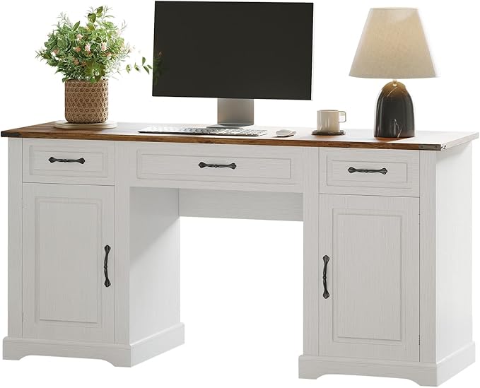 IDEALHOUSE 60" Farmhouse Executive Desk with Drawers, Wood Home Office Desk with Storage Cabinet, Rustic Computer Writing Desks for Home, Study, Work, Antique White