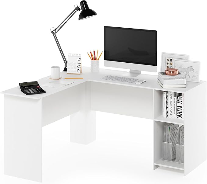 Furinno Indo L-Shaped Computer Desk with Bookshelf, White