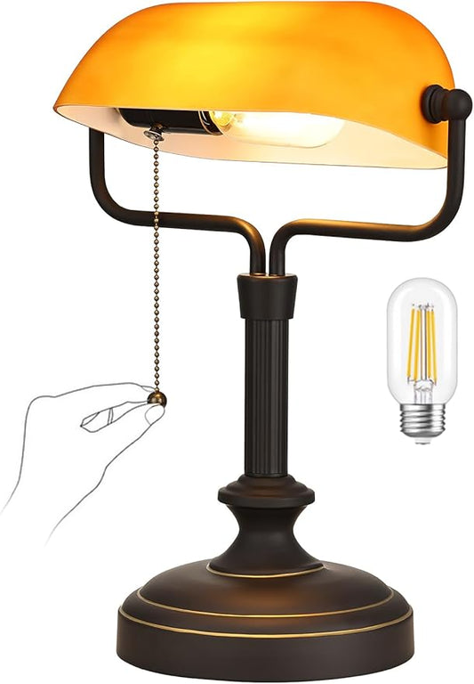 Traditional Banker's Desk Lamp with Glass Shade,Pull Chain Switch, LED Bulb Included (Antique Black+Matt Amber)