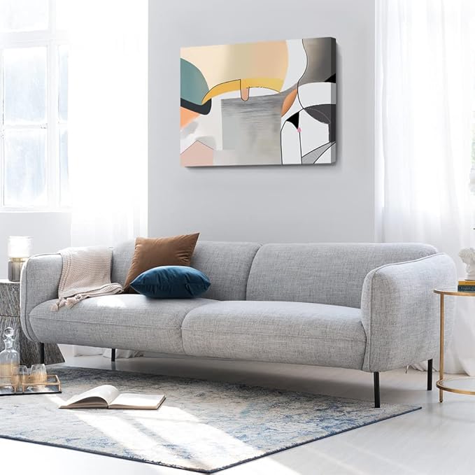 Wall Art Canvas Abstract Color Block Line Art Prints Apricot Cyan Black Grey Color Blocks and Lines Painting Modern Artwork Decor for Living Room Bedroom Kitchen 36x24in