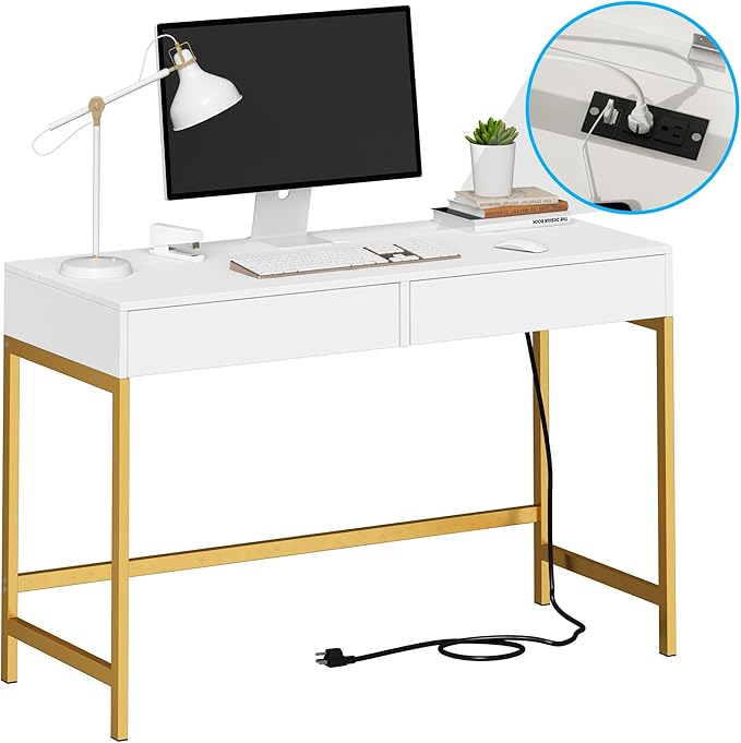 Treocho Computer Desk with USB Charging Ports and Power Outlets, Modern Simple 47 inch Vanity Desk with 2 Drawers, Makeup Table for Home Office, Bedroom, White and Gold