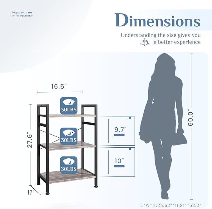 DUMOS 3 Tiers Bookshelf, Classical Book Shelf, Tall Display Shelves in Living Room/Home/Office, Storage Organizer for CDs/Books/Movies, Wood Grey