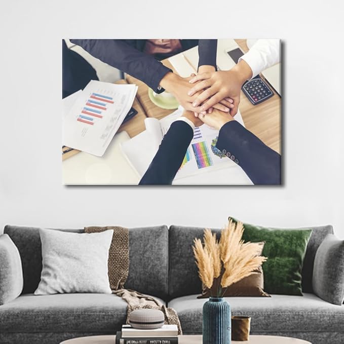 Large Wall Art Hands Stack of Teamwork Holding Hands Together Over Conference Table Canvas Art Wall Decor for Office Framed 1 Panel (24" Wx36 H)