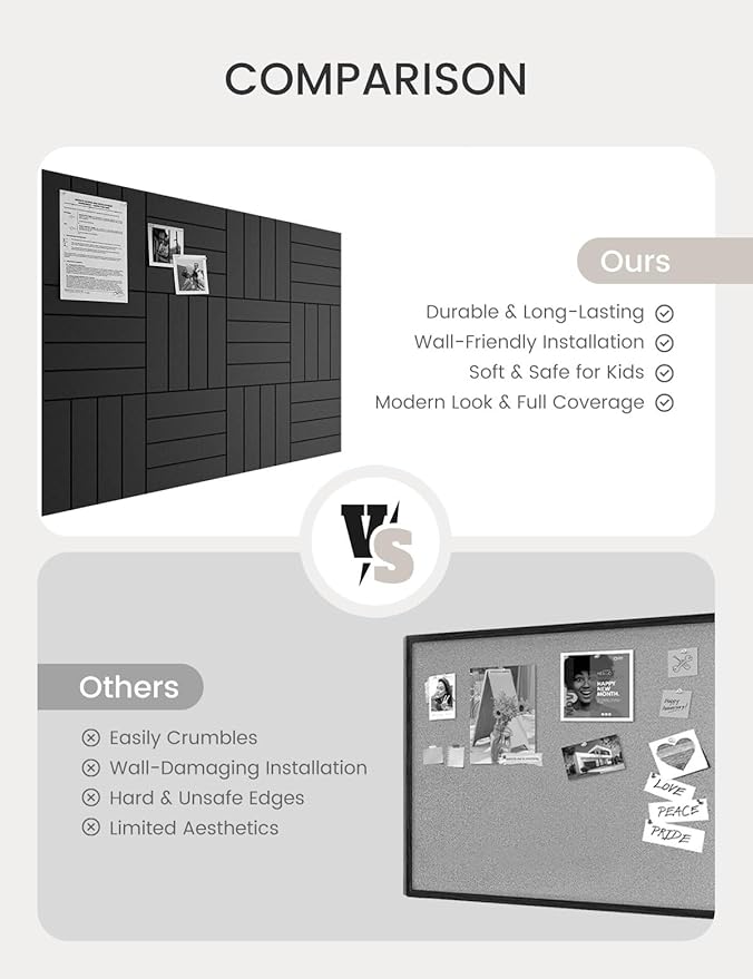 Bumusty Large Cork Board Alternative-48 x 36" Felt Bulletin Board Tiles, with 30 Pushpins, 70 Adhesive Tabs, 12-Pack Slat Wall Paneling, Cork Boards for Office Push Pin Board Felt Board-Black