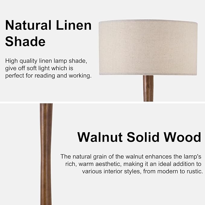 62" Tall Rustic Wood Floor Lamp for Living Room, Farmhouse Walnut Wood Floor Lamps with Linen Shade, UL Listed Standing Lamps with Wooden Base for Bedroom, Corner, Living Room, Office, Beige Shade