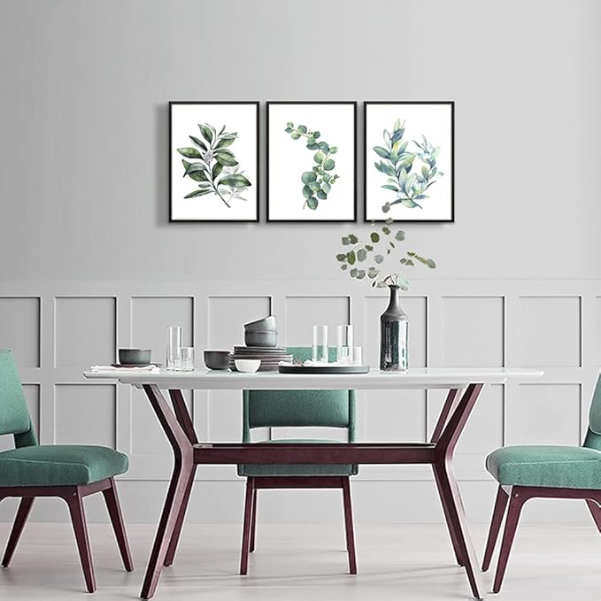 hyidecorart Black Framed Wall Art For Bedroom Wall Decor For Living RoomPlants Green Leaves Painting Bathroom Walls Pictures Kitchen Wall Decorations Office Decor Set Of 3 Piece Framed Prints Art