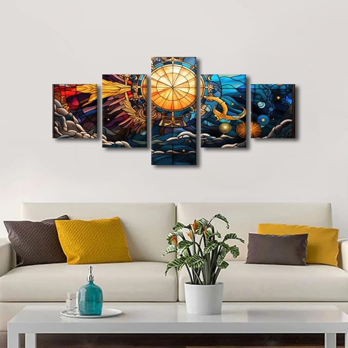 Canvas Wall Art Decor Stained Glass Style Poster Prints Sea Sun Moon Stars Anchor Painting Picture Printing 5 Panel Canvas Art for Living Room Decor Stretched and Framed Ready to Hang 50x24 in