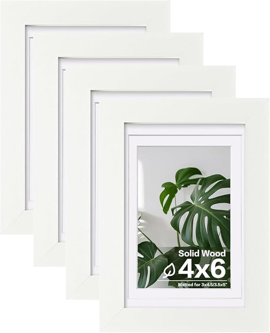 Egofine 4x6 Picture Frames 4PCS Covered by Plexiglass, for Picture 3x4.5/3.5x5 with Mat or 4x6 whitout Mat, Made of Solid Wood for Table Top Display and Wall Mounting Photo Frame, White with Texture
