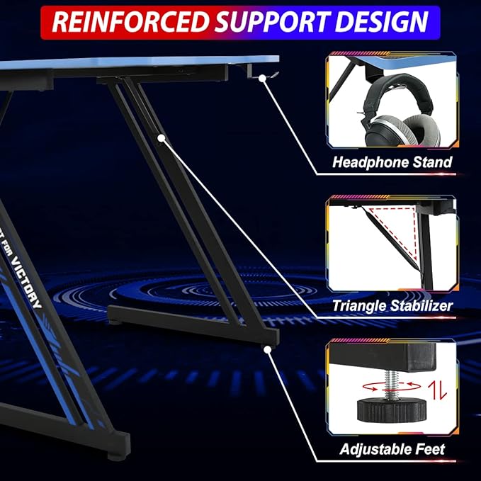Gaming Desk 47 Inch Z-Shaped Computer Desk Modern Ergonomic PC Computer Table Home Office Desk Racing Style Gaming Workstation with Headphone Hook, Blue