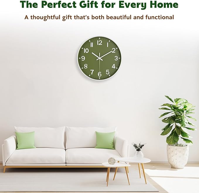 Silent Wall Clock Non-Ticking Battery Operated – Modern Olive Green Analog Wall Clock for Living Room, Kitchen, Office, Bedroom – Stylish Home Wall Decor Clock, 12 Inch