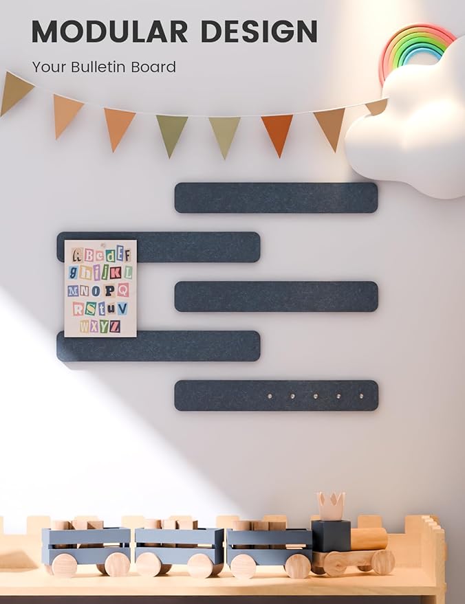 Fluxynara Cork Board Alternative Felt Strip Board 5-Pack 13"x2", Office Pin Board with 35 Push Pins, Adhesive Install for Bedroom Door & Home Office(Denim Blue)