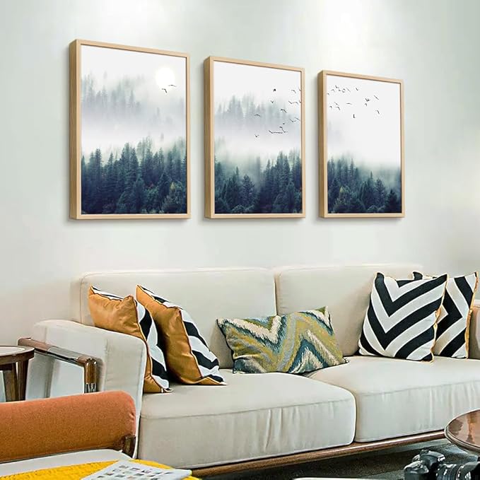 Framed Canvas Wall Art For Living Room-Wall Decorations For Bedroom Foggy Forest Trees Landscape Painting-Modern Home Decor Ready To Hang Wall Pictures Set of 3 Piece Natural Wood Framed Art Prints