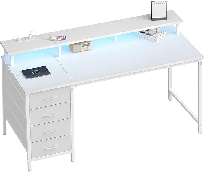 DUMOS Computer Desk with 4 Drawers,4 Drawer Gaming Desk with with Power Outlets and LED Lights,Office Desk for Small Spaces with Monitor Shelf,Writing Desk for Home Office, Bedroom,Study 39 Inch White