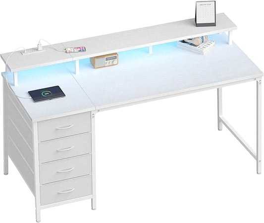 DUMOS Computer Desk with 4 Drawers,4 Drawer Gaming Desk with with Power Outlets and LED Lights,Office Desk for Small Spaces with Monitor Shelf,Writing Desk for Home Office, Bedroom,Study 39 Inch White
