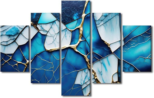 Canvas Wall Art Decor Abstract Wall Art Ice Blue Glass Abstract Poster Prints on Canvas 5 Panel Modern Minimalist Canvas Artwork for Men Lady Home Wall Decor Stretched Ready to Hang 60x40 in