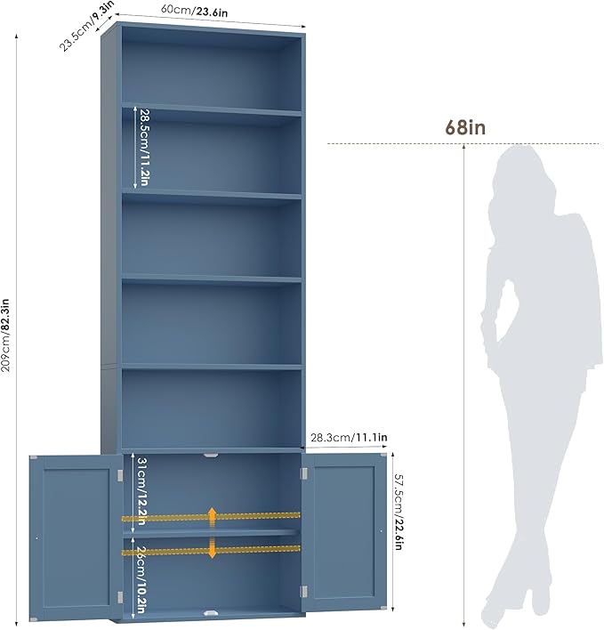 FACBOTALL 82" Tall Bookcase and Book Shelf, 24" Wide Bookshelf with Doors, 7 Tier Bookcase with Storage and Adjustable Shelf, Open and Display Farmhouse Bookshelf for Living Room, Home Office, Blue