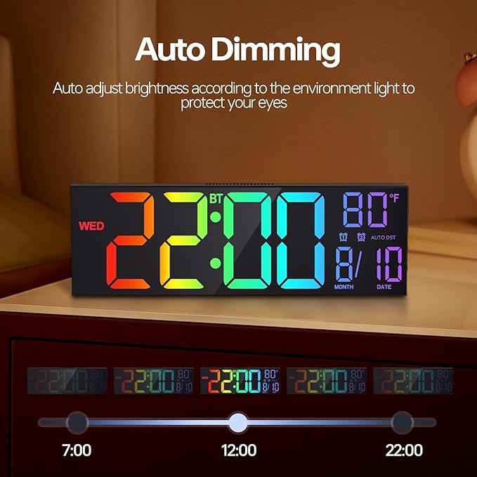 JALL 16.2" Large Digital Wall Clock with Bluetooth Sync, RGB Digital Clock Large Display with Auto DST, Wall Clock for Classroom Bedroom Gym Office, Led Clock for Seniors (Black)