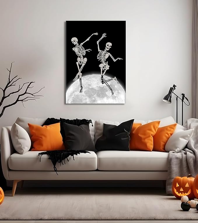 Skeleton Moon Dance Canvas Wall Art, Dark Gothic Home Decoration Funny Skull Dancing on Moon Print, Black & White Wall Decor for Living Room, Bedroom, Bathroom,Office, Framed 24x36 inch