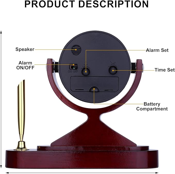 Wooden Desk Alarm Clock Battery Operated, Silent Non-Ticking, Adjustable Angle & Pencil Holder | Office, Shelf, Table Decor | Gift for Students, Teachers, Professionals (Home, Desk, Work)