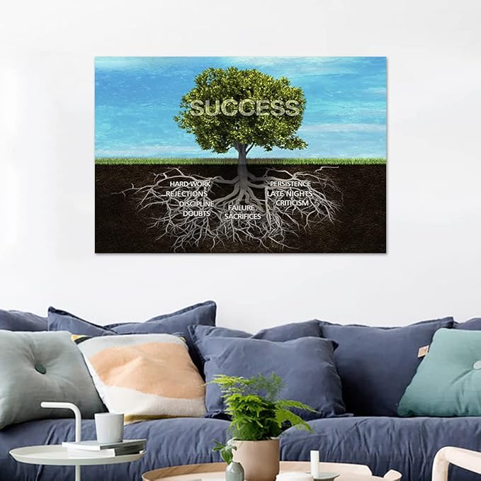 Modern Vintage Office Inspirational Canvas Prints Wall Art Success Tree Motivational Teamwork Posters and Prints with Wooden Frame for Classroom Gym Office Bedroom Decoration -44L'' x 28W''