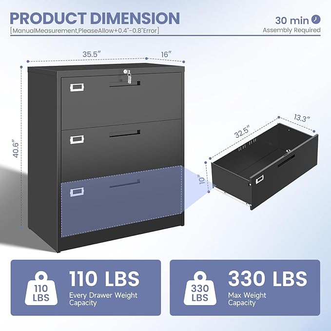 Metal 3 Drawer Lateral File Cabinet with Lock, Wide&Deep Black Filing Cabinet for Letter/Legal/F4/A4 Hanging Files, Includes Business Card Holder, Home Office School Storage
