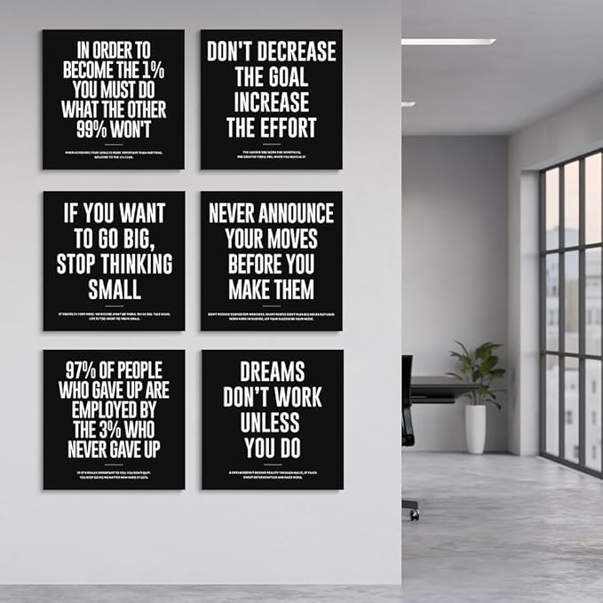 GUBIYU Black and White Motivational Wall Decor for Classroom Guys Mens Wall Art Motivational Quotes Wall Art Canvas Prints Entrepreneur Bundle Set of 6 Pcs,Entrepreneurship Office Decor Framed 12"X12"