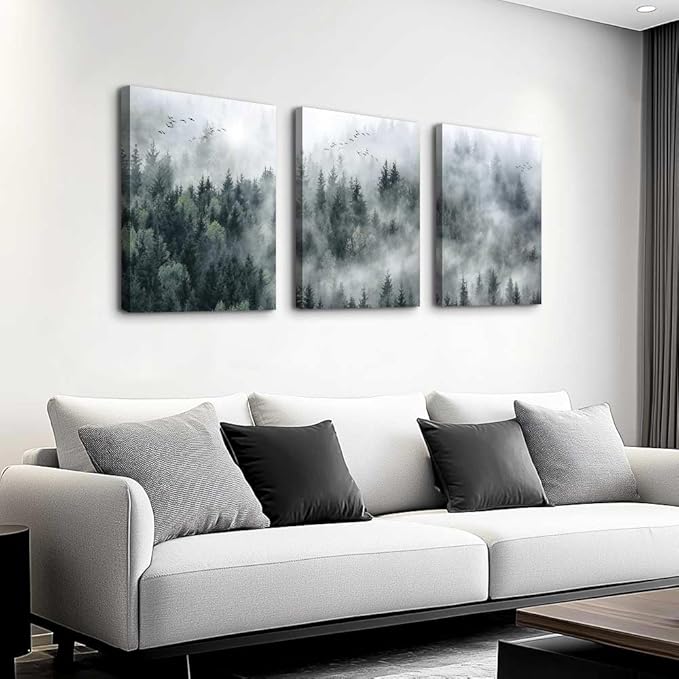 MHARTK66 Wall Decor Living Room Large Size Canvas Wall Art For Bedroom Foggy Forest Trees Landscape Wall Painting Office Decor Wall Decorations Ready To Hang Framed Wall Pictures Home Decor 3 Pieces