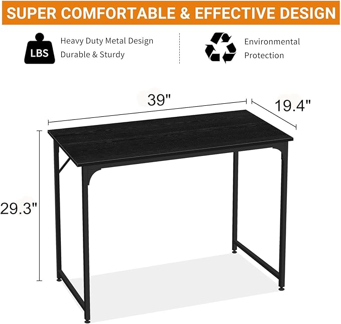 BLKMTY 39" Computer Desk, Home Office Writing Desk Wood PC Study Table Work Desks Modern Simple Style Laptop Table with Metal Frame and Smooth Tabletop for Workstation Bedroom, Black