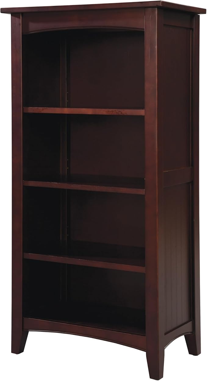 Shaker Cottage 4-Shelf Bookcase – Classic Wood Bookshelf with Beadboard Side Panels, Tapered Legs, and Open Storage for Living Room, Office, or Kids Room by Alaterre Furniture (Espresso Finish)