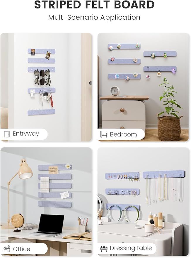 Fluxynara Cork Board Alternative Felt Strip Board 5-Pack 13"x2", Office Pin Board with 35 Push Pins, Adhesive Install for Bedroom Door & Home Office(Soft Periwinkle)
