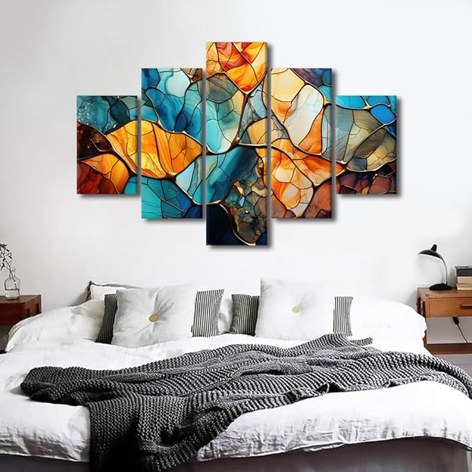 Abstract Canvas Wall Art Decor Modern Living Room Wall Art 5 Panel Home Canvas Art Blue Yellow Brown Glass Window Poster Printing for Men Living Room Decor Stretched Ready to Hang 60x40 in