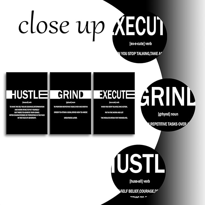 Inspirational Hustle Grind Execute Positive Wall Art Entrepreneur Quotes Print Picture Modern Wooden Canvas Framed Artwork for Home Living Room Office Artwork Stretched and Framed [72''Wx36''H]