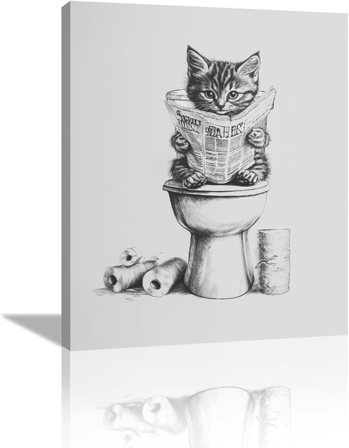 Cat Bathroom Wall Art Black and White Cat Pictures Wall Decor Funny Animal Canvas Painting Print Modern Home Decoration Artwork Framed 20"x24"