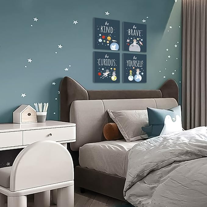 CHDITB Frame Outer Space Art Print, Boys Planet Theme Canvas Posters, Set Of 4 (12' x 16') Space Canvas Wall Art For Kids Room Decor, Ready to Hang