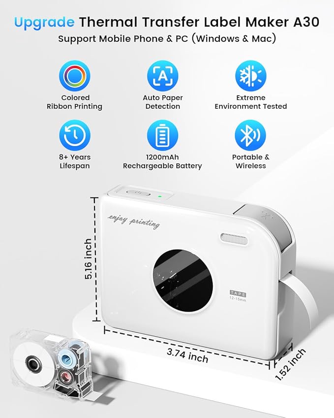 Phomemo Ribbon Printer, A30 Thermal Transfer Printing Bluetooth Wireless Portable Small Label Maker Machine with 4 Tapes, Mini Sticker Printer Rechargeable for Gift Wrapping, DIY Crafts, Mother’s Day