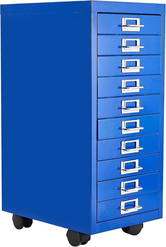 File Cabinet MINI 10 Tier Metal File Organizer Document Organizer with Wheel, White Color, for Home Office, Office Desk File (Blue)