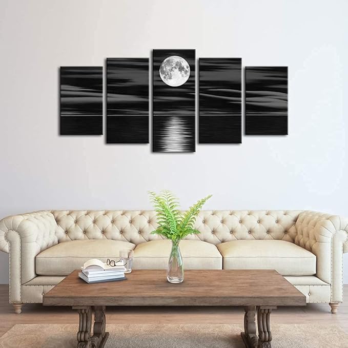 Wieco Art Sea White Full Moon in Night Canvas Print Wall Art Black and White Ocean Beach for Living Room Bedroom Kitchen Home Decorations 5 Piece Modern Abstract Artwork