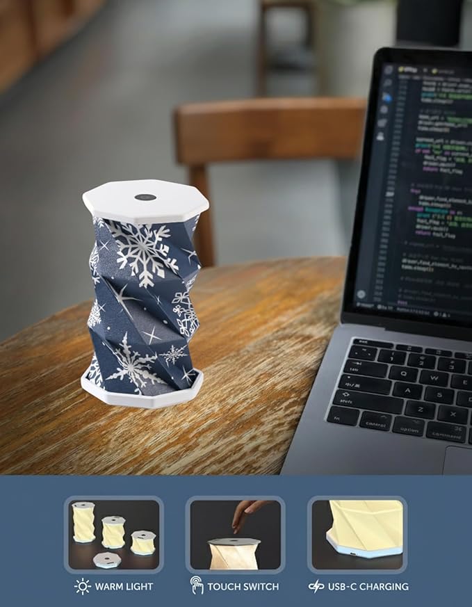 Origami Expanding Foldable LED Desk Lamp – USB Rechargeable & Portable - Dimmable Touch Control Light with Adjustable Height up to 5 1/2 for Office, Bedside - Sleek & Modern Design (Holiday Snowflake)