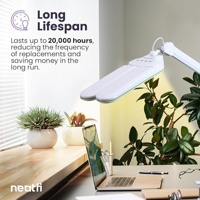 Neatfi Elite HD XL LED Desk Lamp | 3 Light Modes | Non-Polar Dimming | Eye-Caring Desk Light for Home Office, Drafting, Beauty Shop, Workbench (Green Ring, CCT with Clamp)