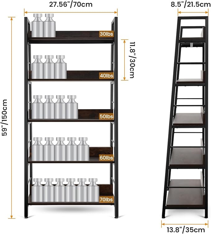 Himimi Ladder Bookshelf, 5 Shelf Bookcase Industrial Bookshelf Wood and Metal Bookshelves, Plant Flower Stand Rack Book Storage Shelves for Living Room, Bedroom, Home Office (2 PCS)