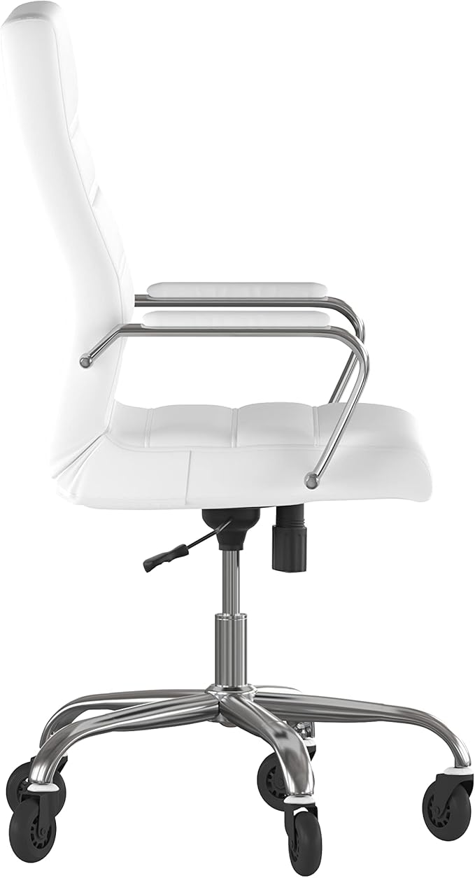 Flash Furniture Whitney High Back White LeatherSoft Executive Swivel Office Chair with Chrome Frame, Arms, and Transparent Roller Wheels