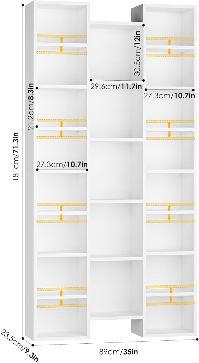 FOTOSOK 71'' White Bookshelf with 21 Cubes, 8 Tier Triple Wide Tall Bookshelf with 8 Adjustable Shelves, 35" Large Bookcase DVD/CD Media Tower Storage, Freestanding Display Shelf Cabinet, White