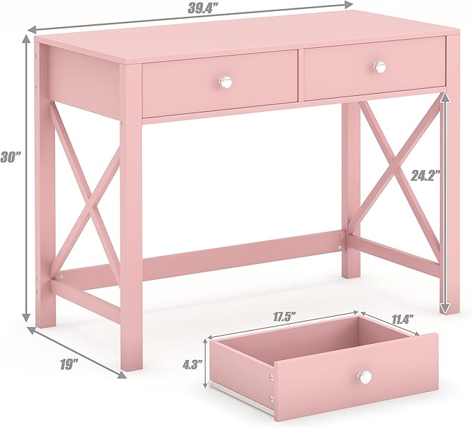WiberWi Home Office Desk with Drawers, Modern Writing Computer Desk for Bedroom, Small Pink Makeup Vanity Table for Girls, Study Table for Home Office