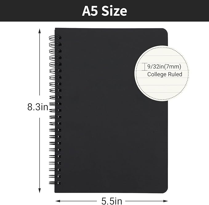 EUSOAR Spiral Notebook, A5 12packs 5.5"X8.3" 120 Pages Lined Travel Writing Notebooks Journal, Memo Notepad Sketchbook, Students College Office Business Subject Diary Ruled Book Journal-Black Cover